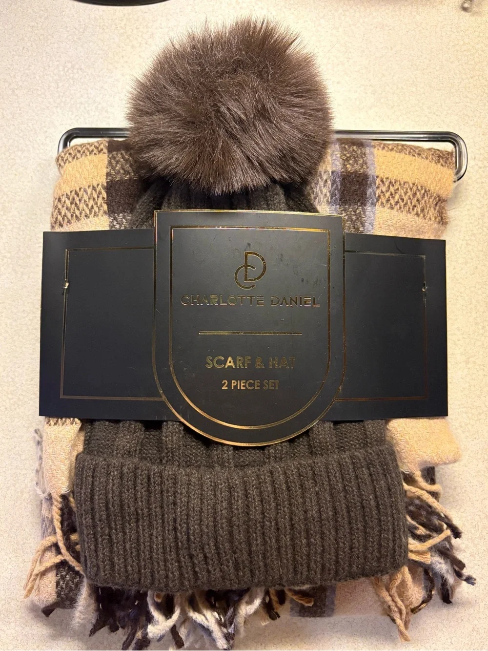 Charlotte Daniel Women’s Brown Pom Beanie & Plaid Scarf Set